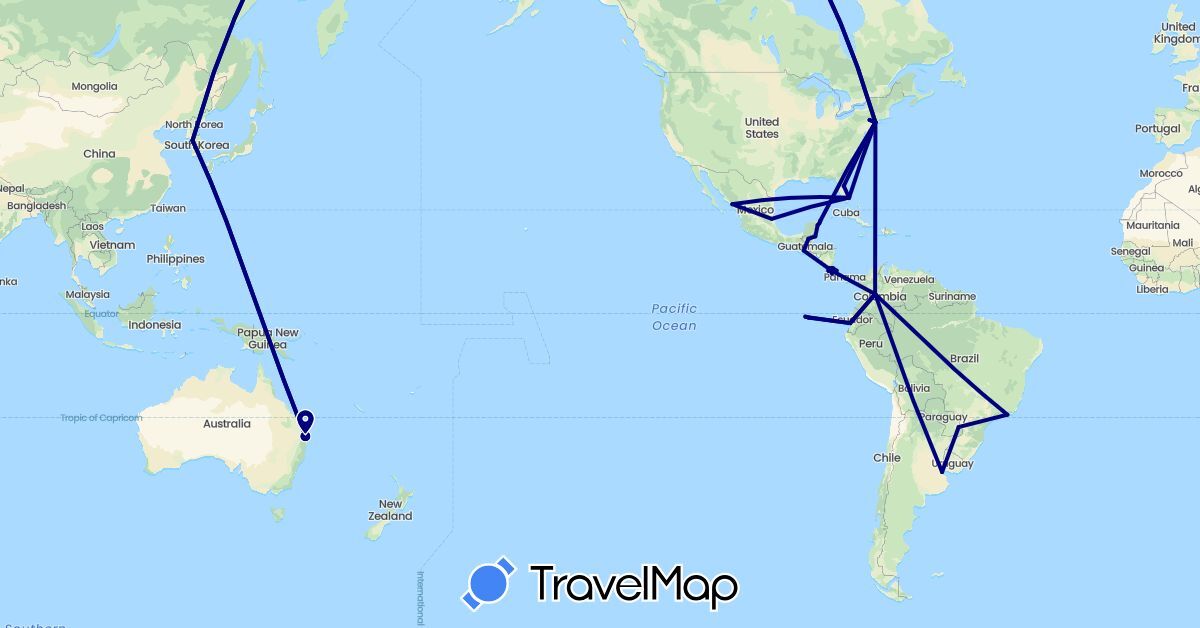 TravelMap itinerary: driving in Argentina, Australia, Brazil, Belize, Colombia, Costa Rica, Ecuador, Guatemala, South Korea, Mexico, United States (Asia, North America, Oceania, South America)